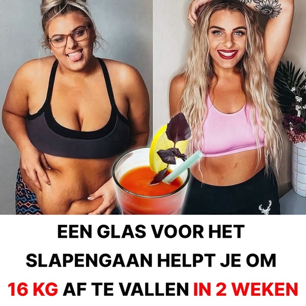 A split-screen comparison showing a user's weight loss progress next to a glass of the featured drink with bold text overlay.